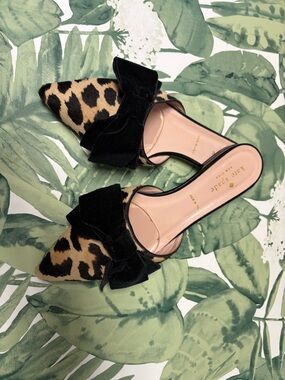 kate spade Leopard Print Pointed Toe Mules with Black Bow Accent